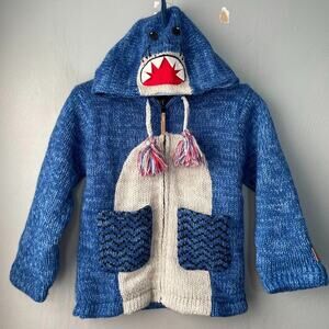 Kyber Dinosaur Jacket Youth Size Large Blue Wool Chunky Sweater Kids Coat Hooded